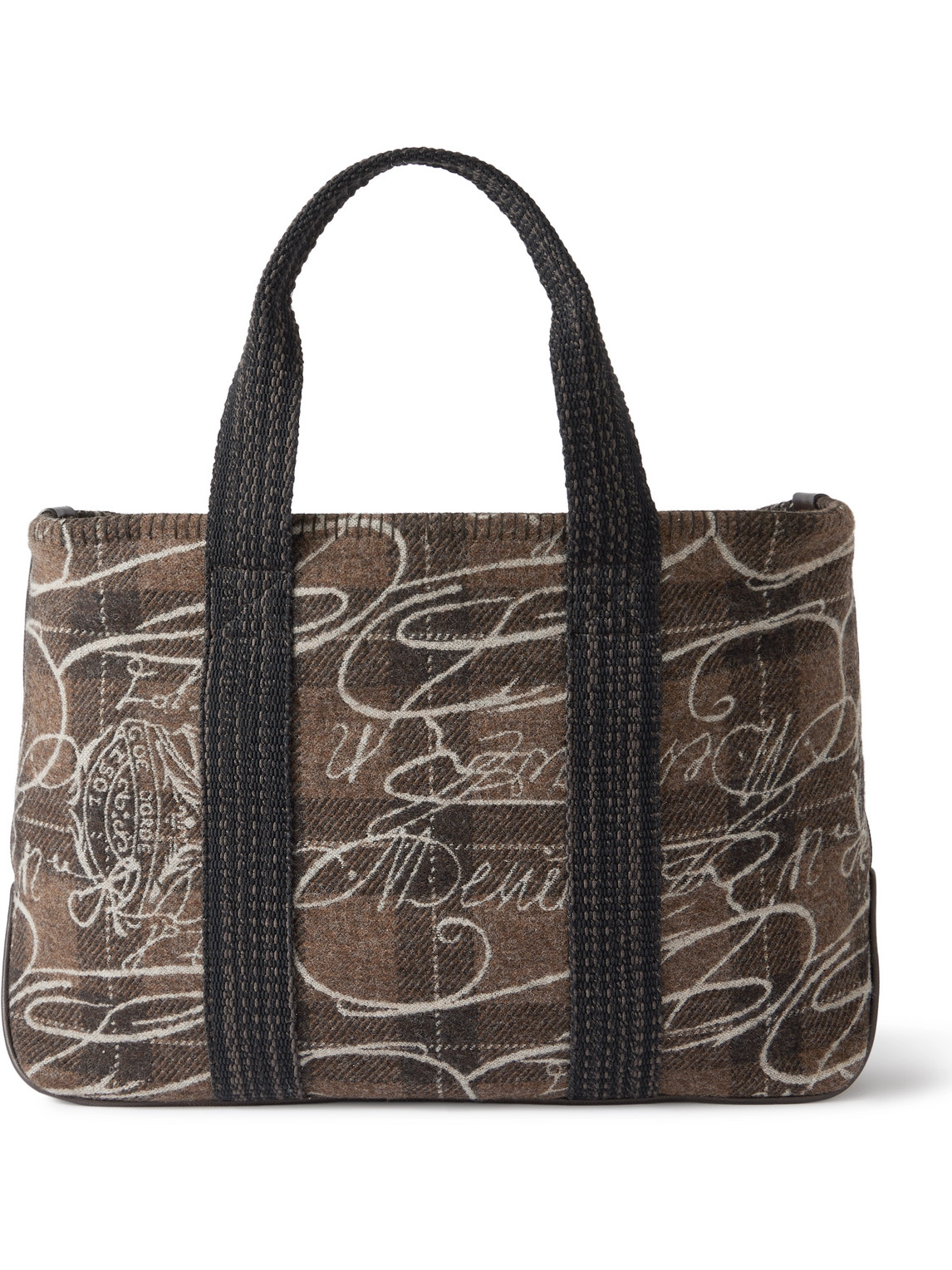 Berluti Leather-trimmed Scritto Checked Jacquard Tote Bag In Brown