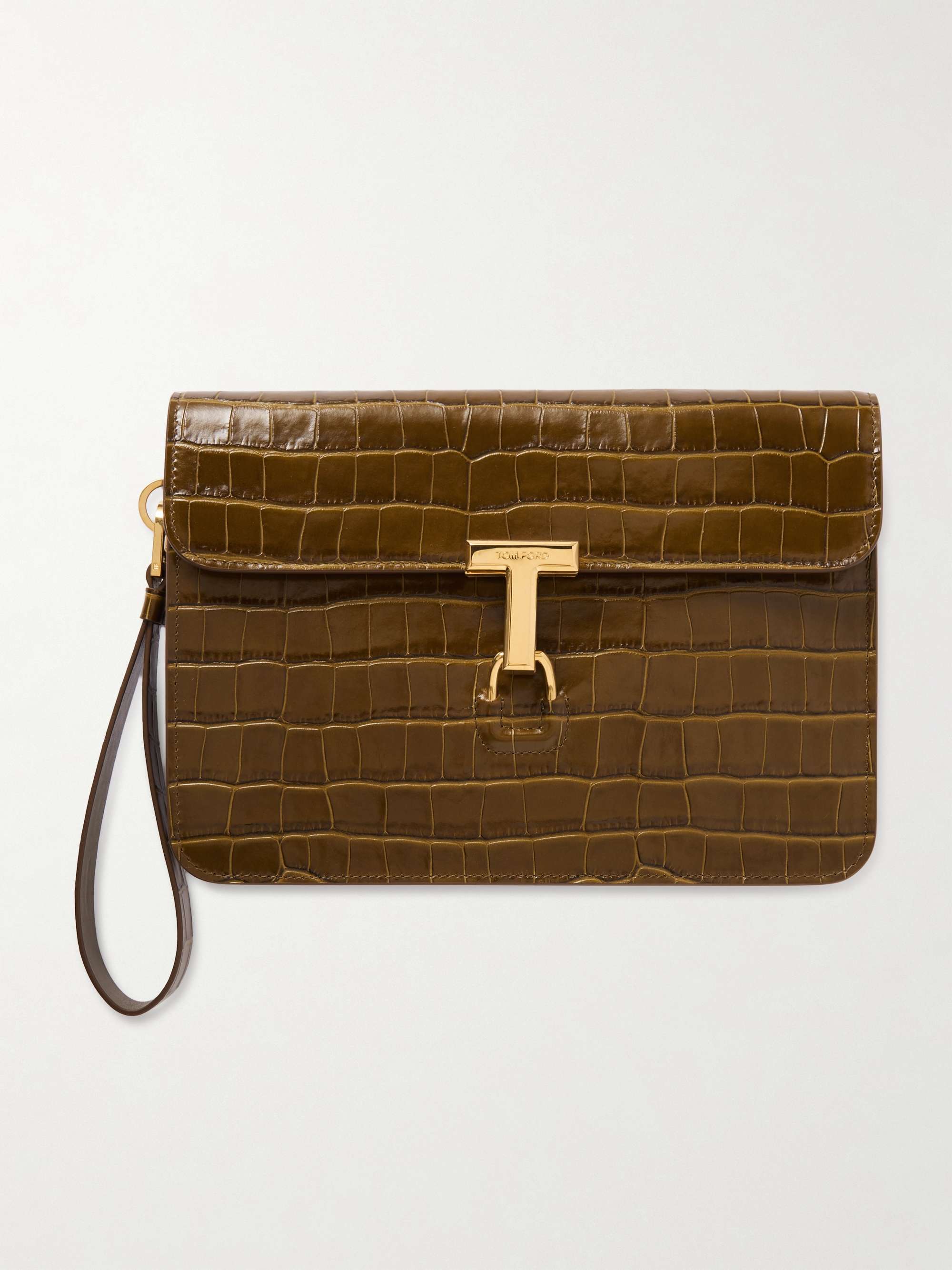 Glossed Croc Effect Leather Pouch