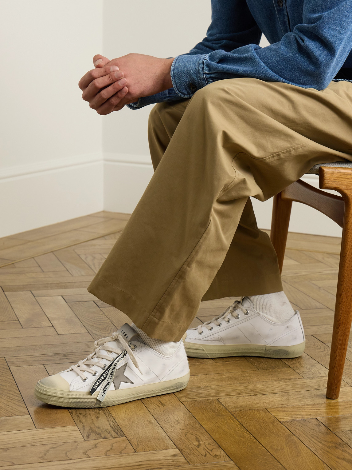 Golden Goose V-star 2 Distressed Leather Sneakers In White