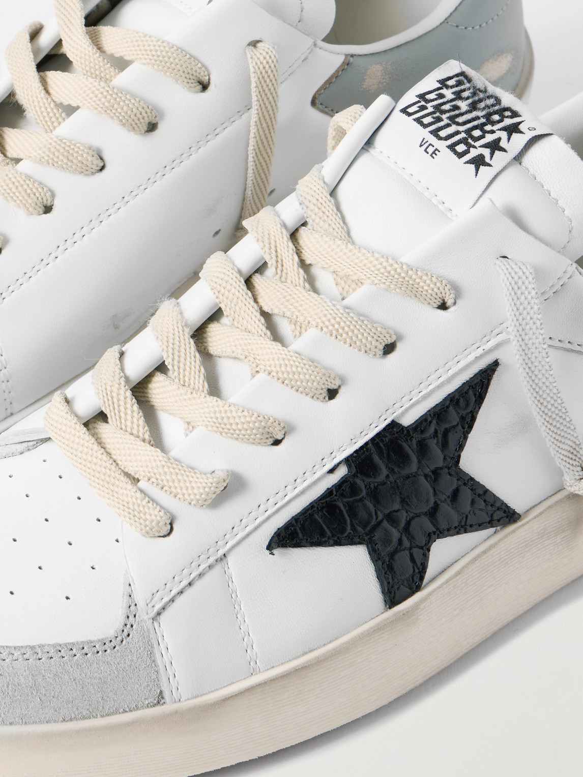 Golden Goose Mens Stardan In White Nappa With Croc-print Leather Star And Gray Heel Tab In White