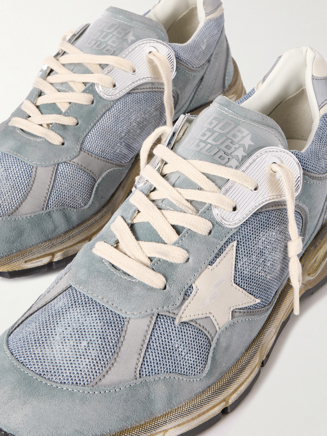 Golden Goose Running Dad Net And Suede Upper Leather Star And Heel Suede Spur In Blue