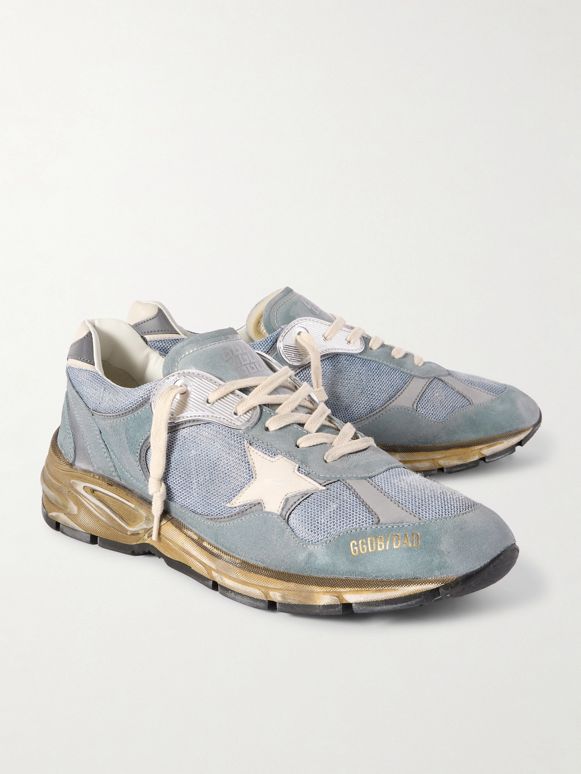 Golden Goose Running Dad Net And Suede Upper Leather Star And Heel Suede Spur In Blue