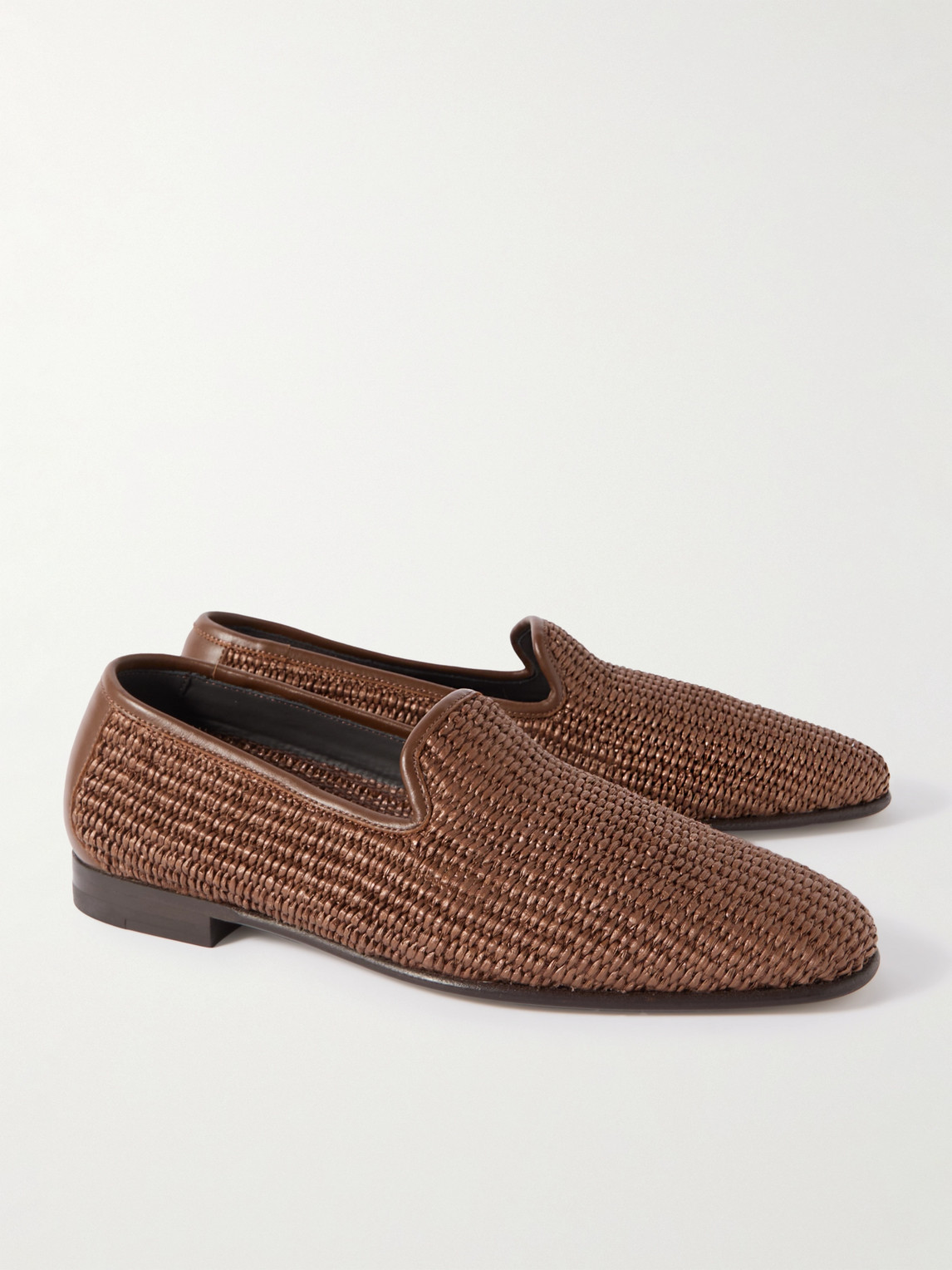 Manolo Blahnik Mario Leather-trimmed Raffia Loafers In Brown