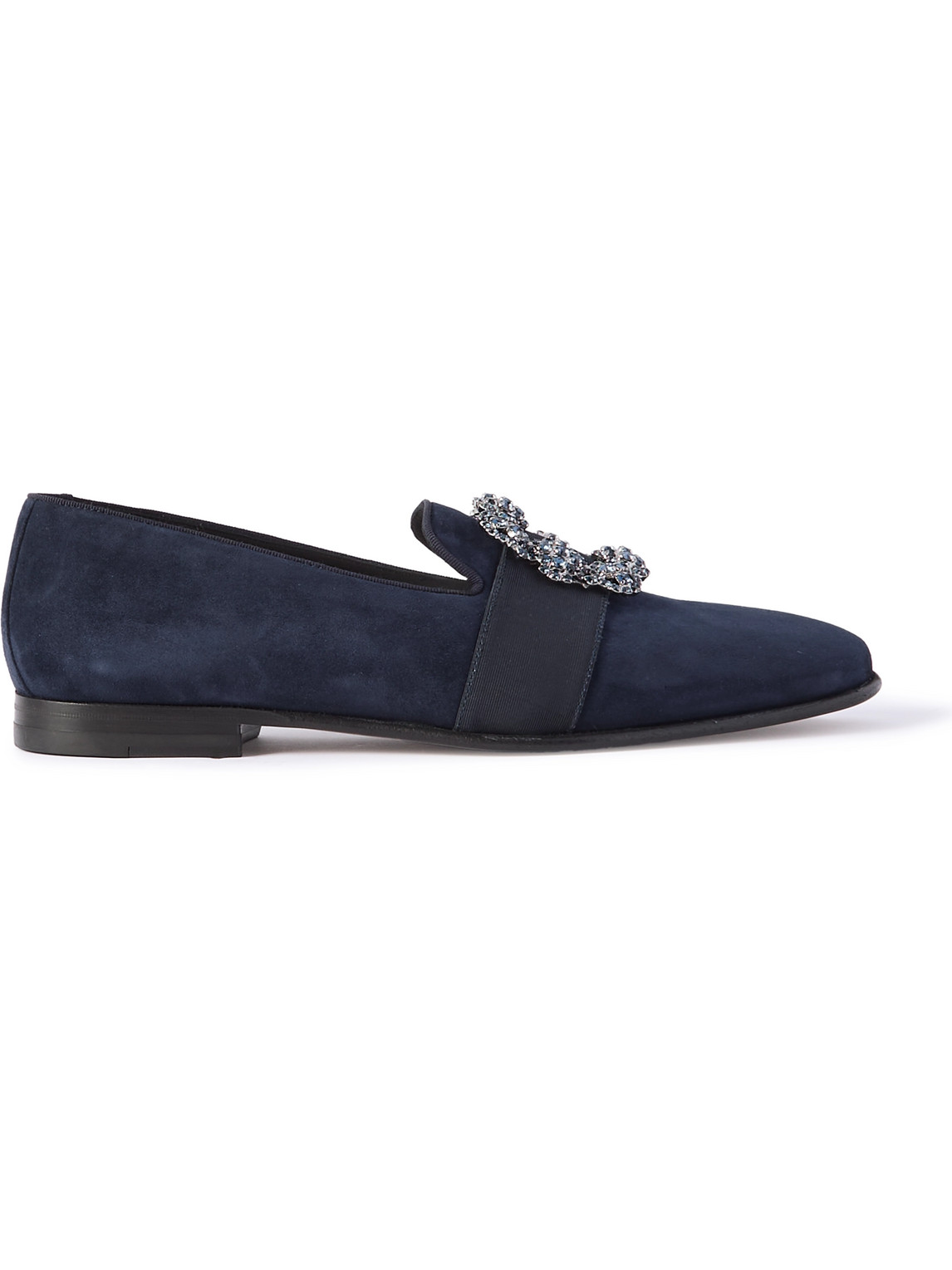 Manolo Blahnik Carlton Crystal-embellished Grosgrain-trimmed Suede Loafers In Blue