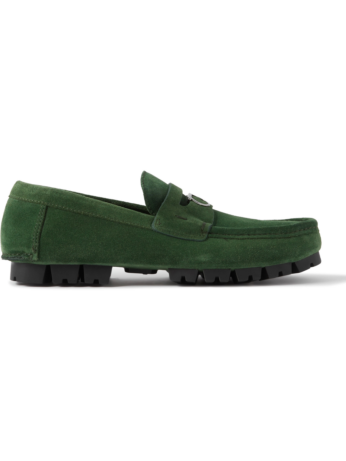 Ferragamo Embellished Suede Driving Shoes In Green
