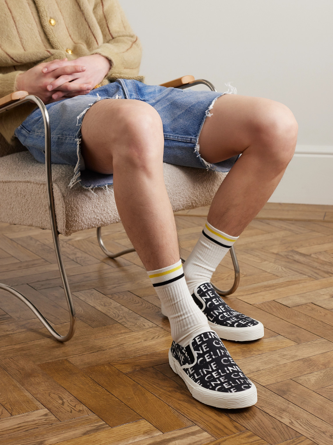 Celine Elliot Leather-trimmed Logo-print Canvas Slip-on Sneakers In Black