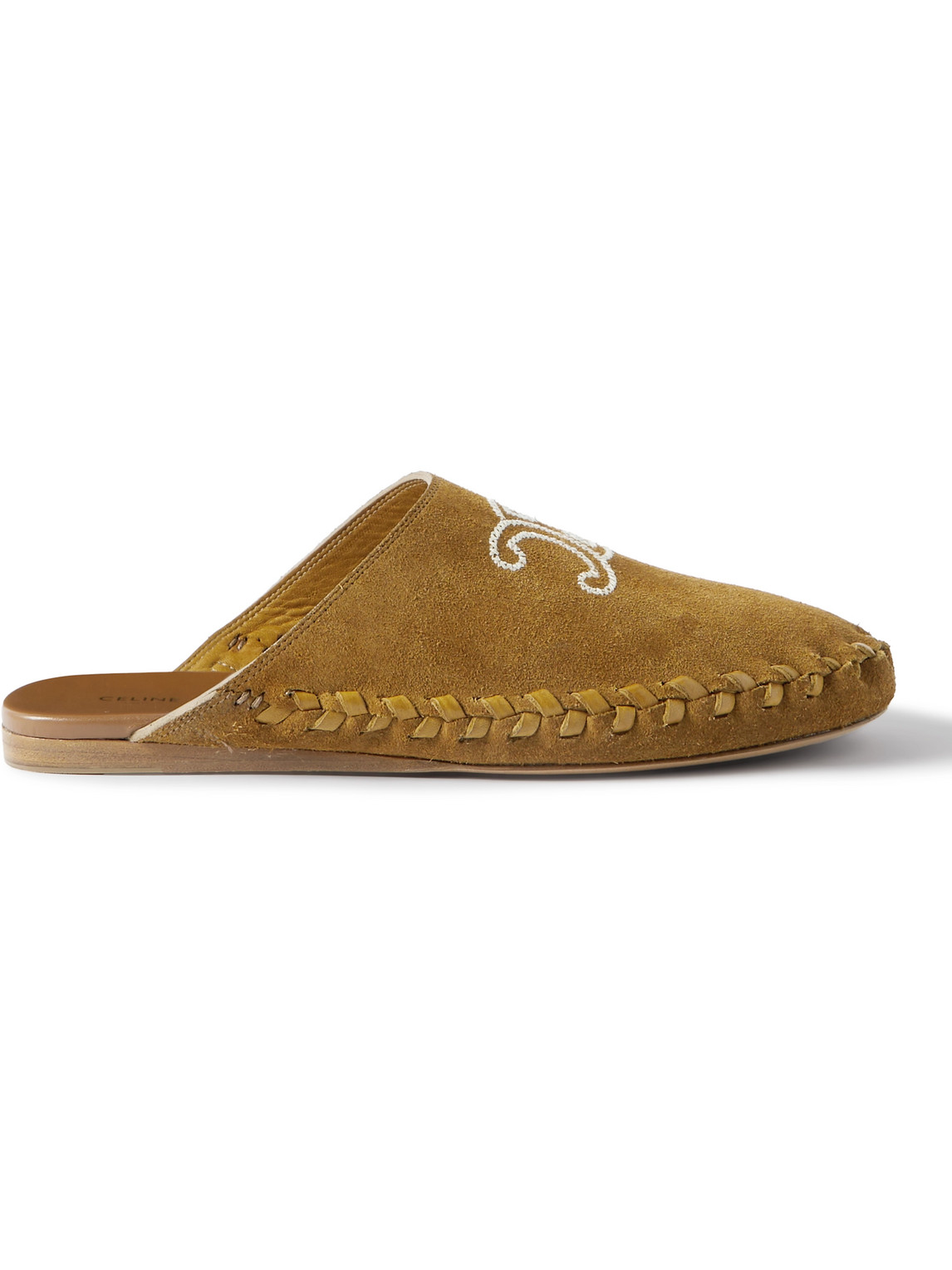 Celine Leather-trimmed Logo-embroidered Suede Mules In Green