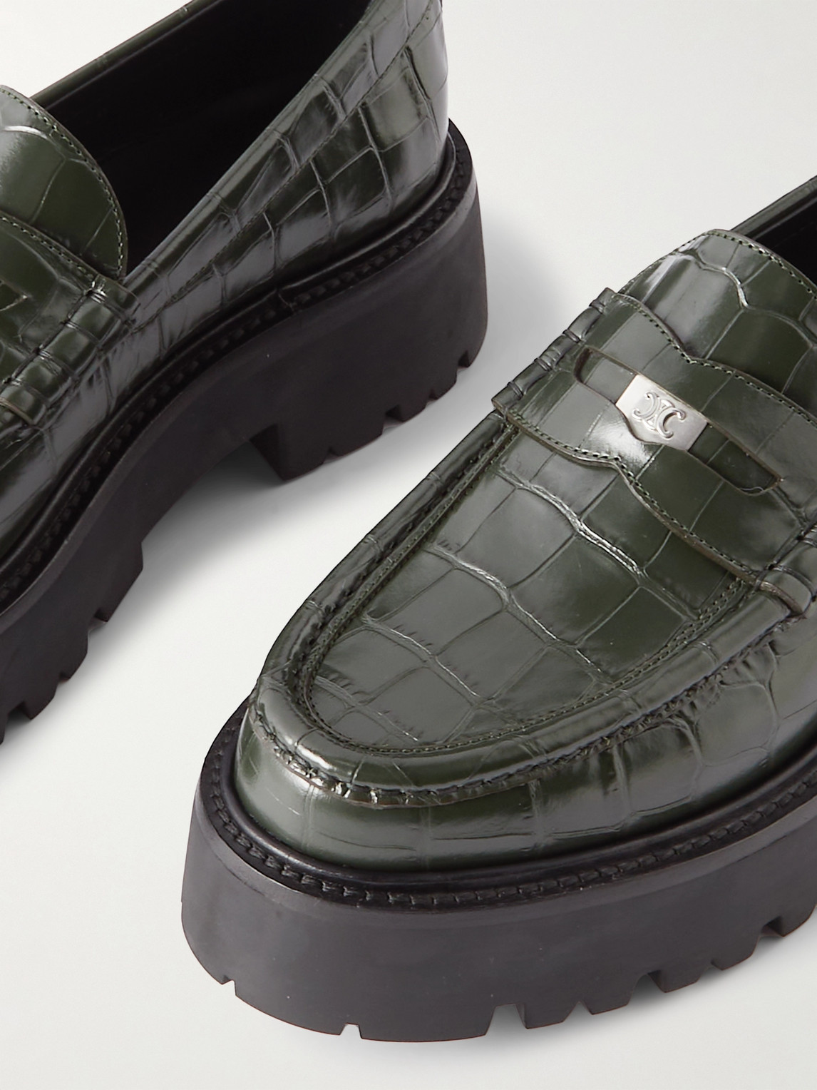 Celine Exaggerated-sole Croc-effect Leather Loafers In Green
