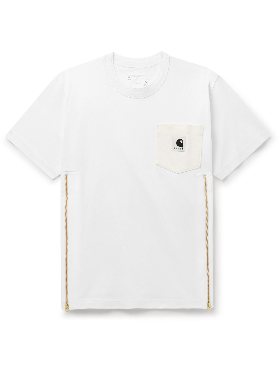 Sacai Carhartt Wip Zip-detailed Logo-appliquéd Canvas-trimmed Cotton-jersey T-shirt In White