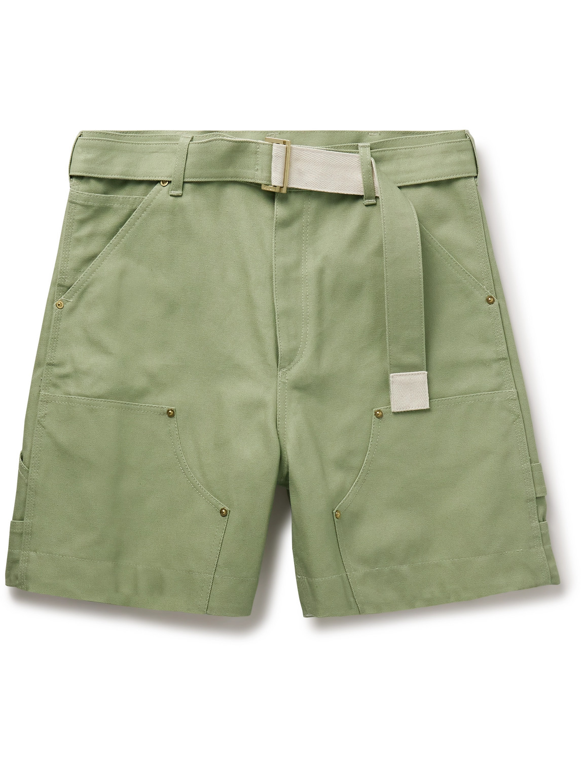 Sacai Carhartt Wip Wide-leg Belted Cotton-canvas Shorts In Green
