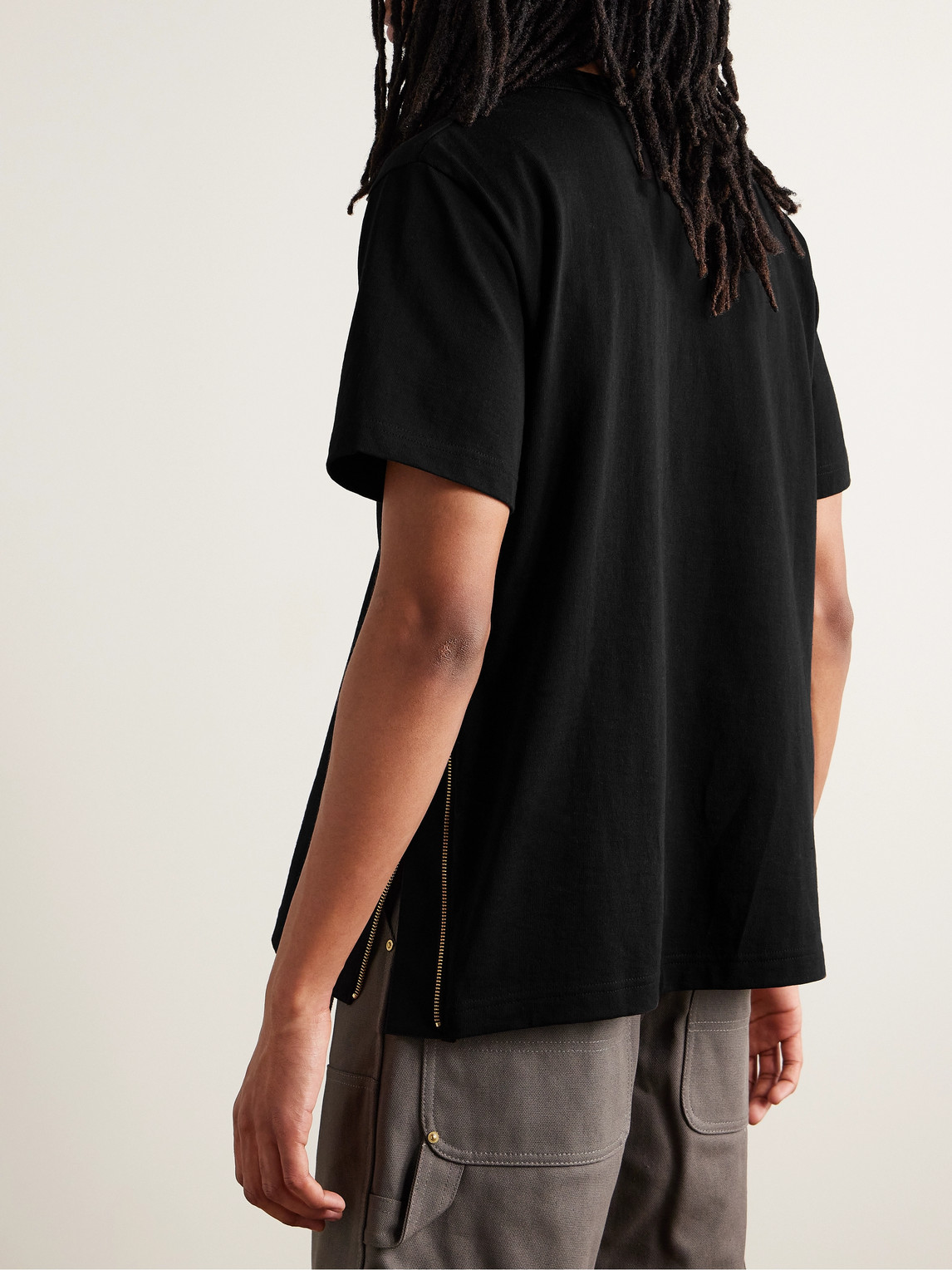 Shop Sacai Carhartt Wip Zip-detailed Logo-appliquéd Canvas-trimmed Cotton-jersey T-shirt In Black