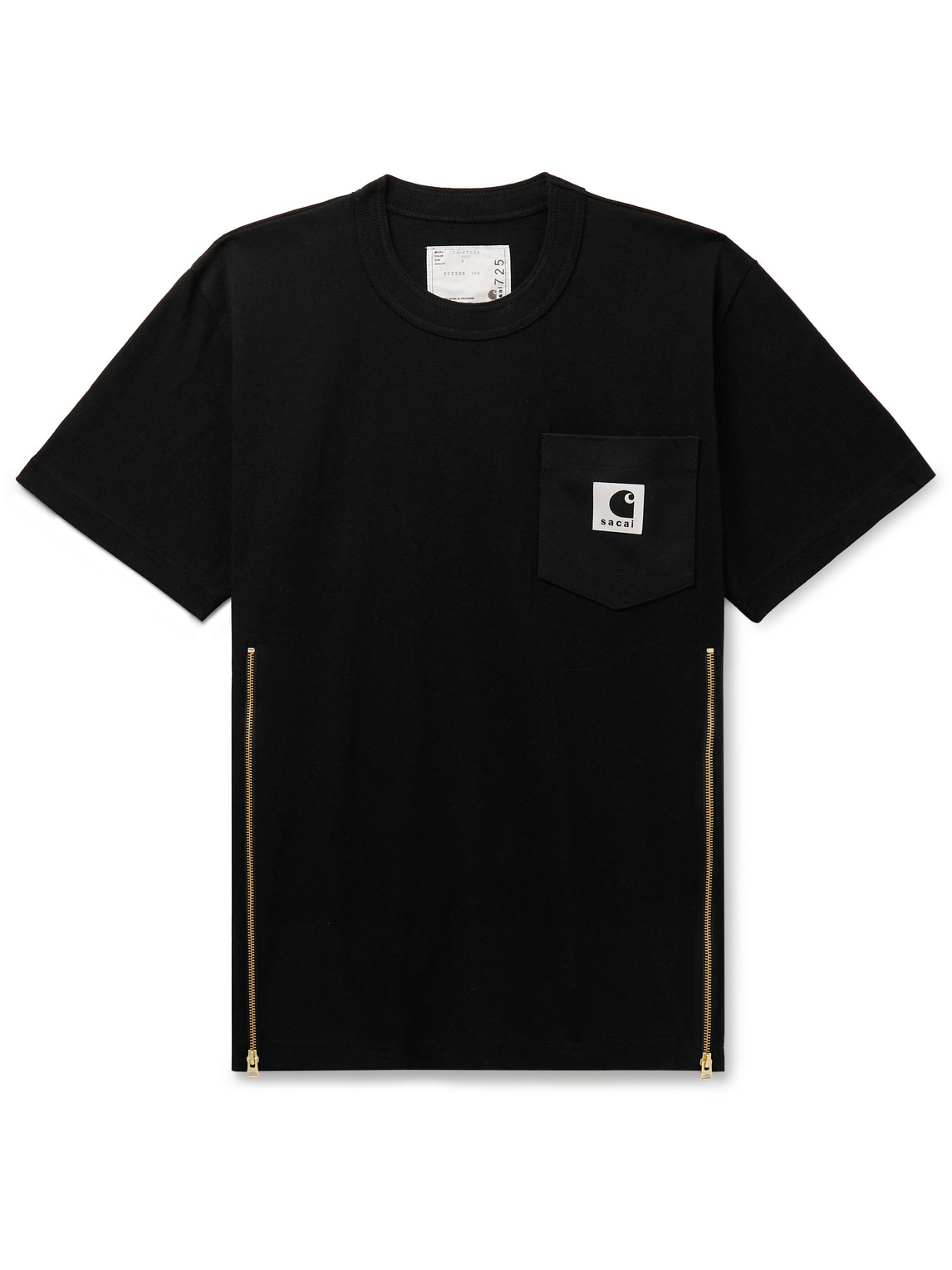 Shop Sacai Carhartt Wip Zip-detailed Logo-appliquéd Canvas-trimmed Cotton-jersey T-shirt In Black