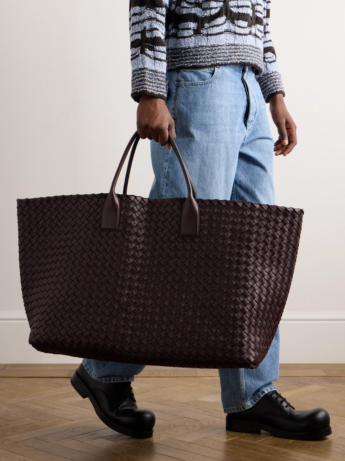 Shop Bottega Veneta Intrecciato Cabat Large Leather Tote Bag In Brown