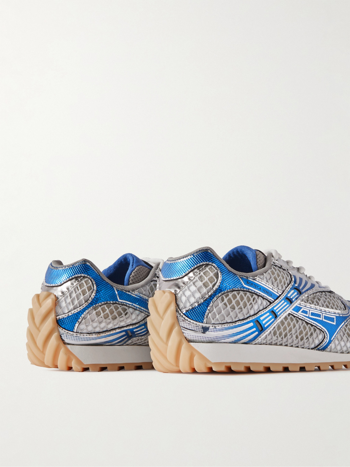 Shop Bottega Veneta Orbit Metallic Rubber And Mesh Sneakers In Blue