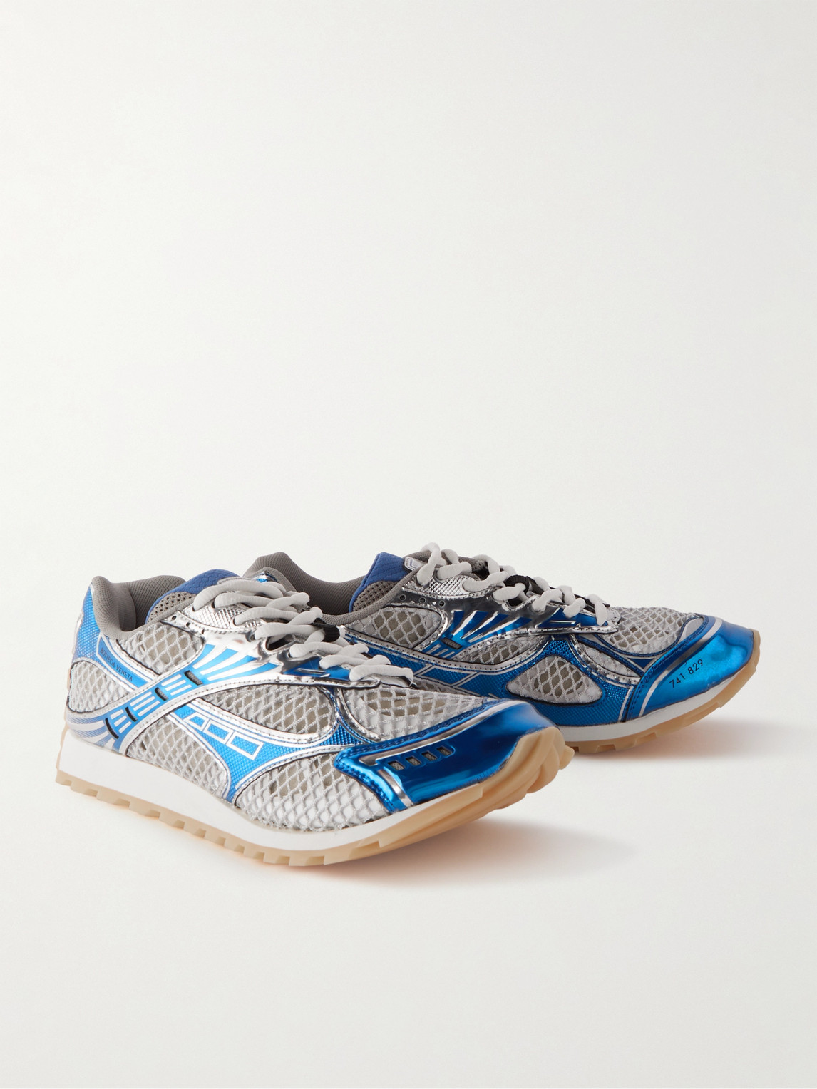 Shop Bottega Veneta Orbit Metallic Rubber And Mesh Sneakers In Blue