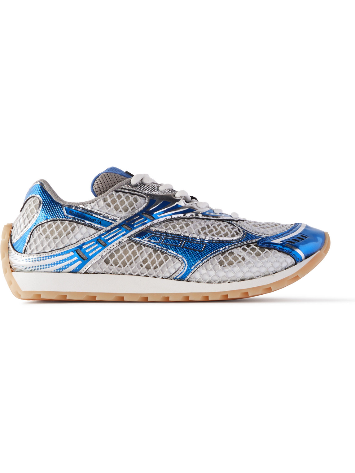 Shop Bottega Veneta Orbit Metallic Rubber And Mesh Sneakers In Blue