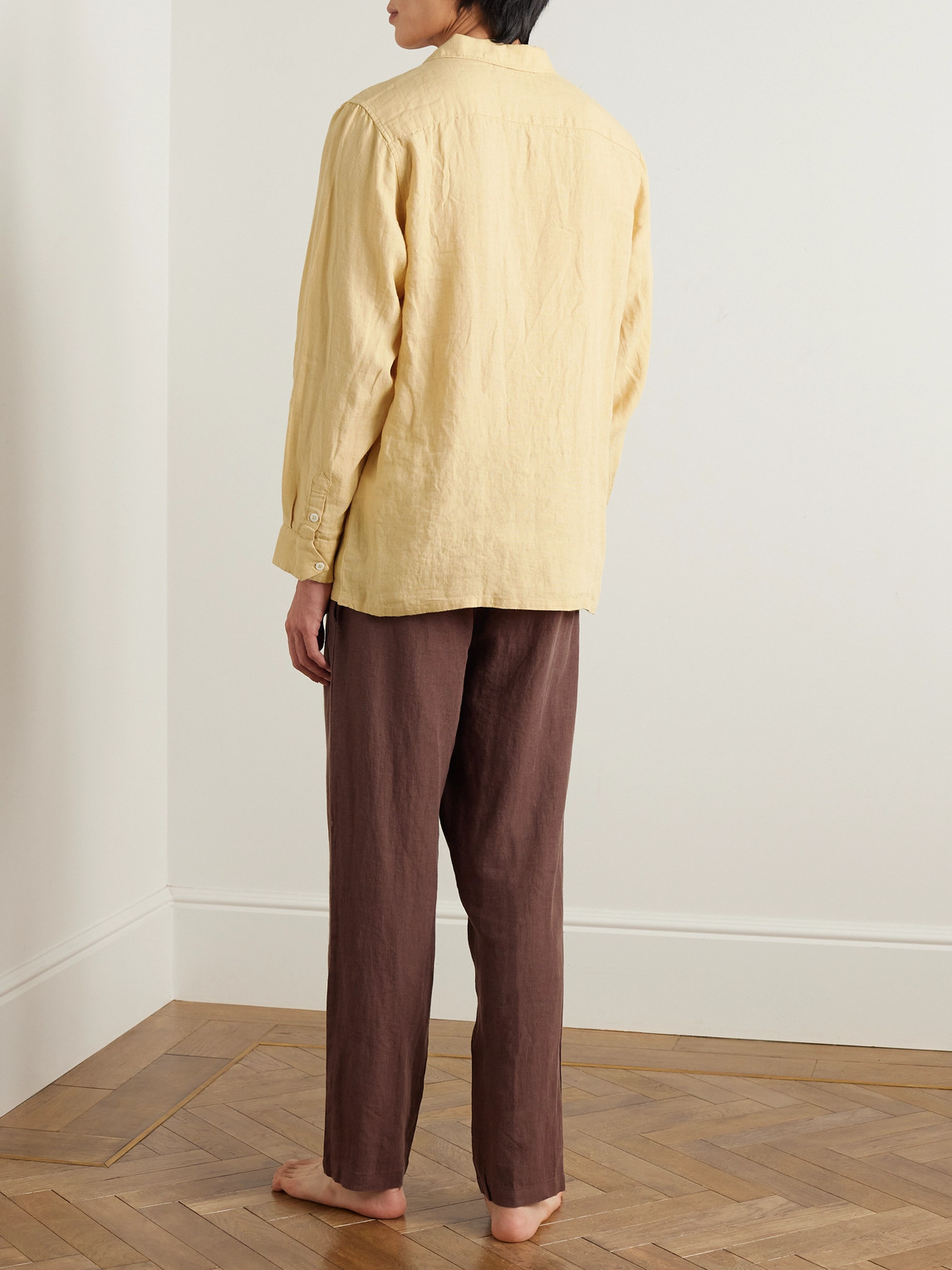 Shop Desmond & Dempsey Luna Printed Linen Pyjama Set In Brown