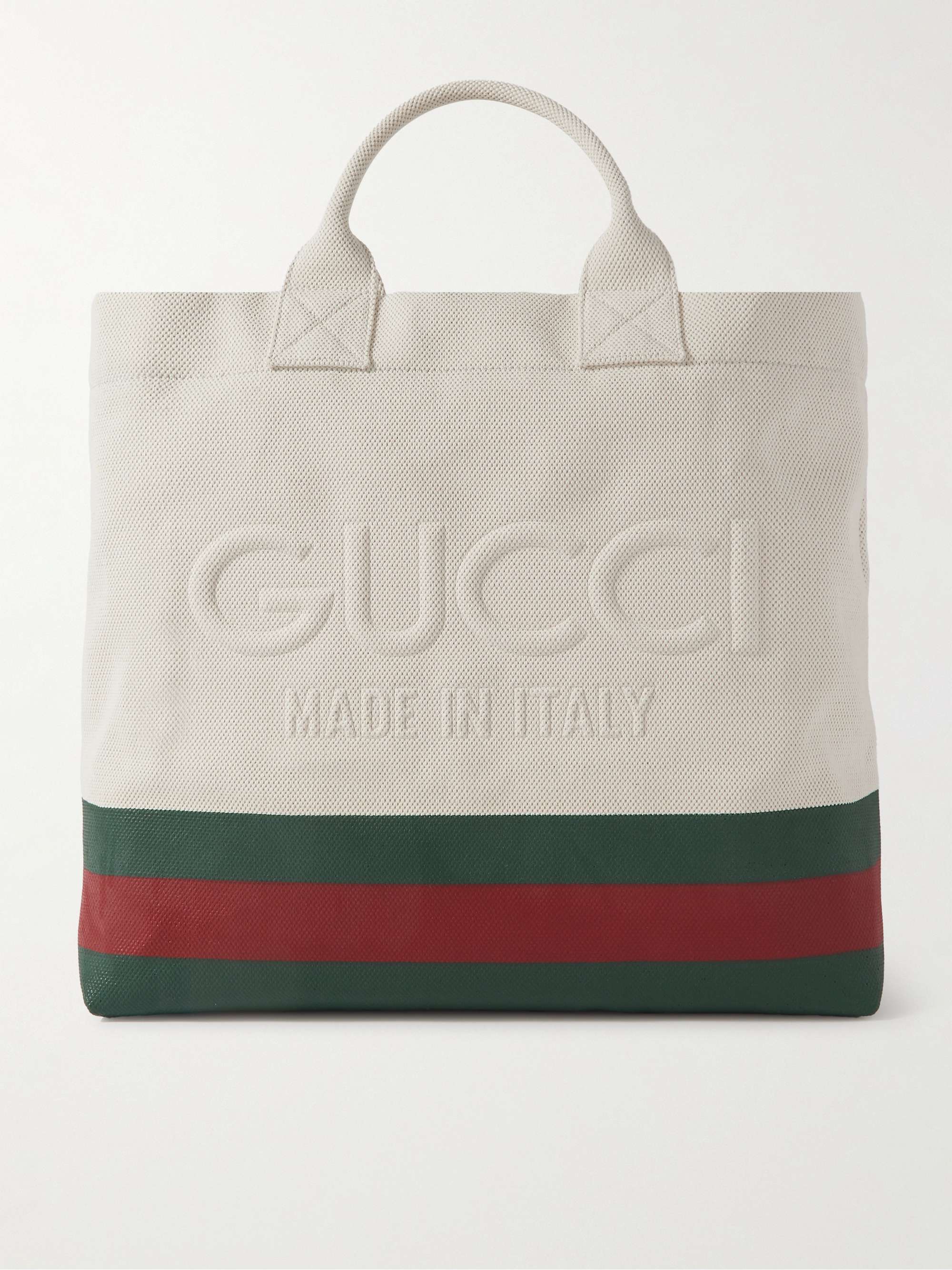 GUCCI キャンバス トートバッグ エンボスロゴ入り ストライプ柄