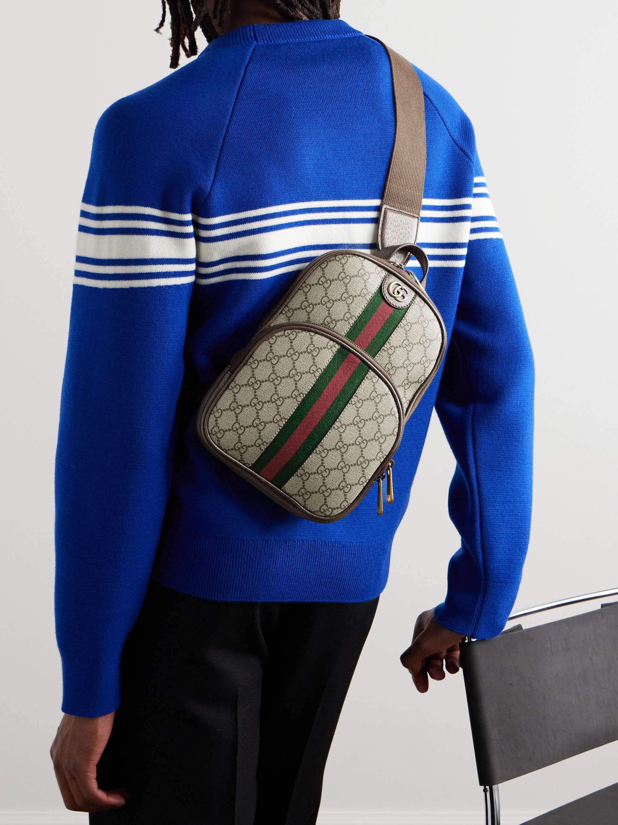 GUCCI Ophidia Leather-Trimmed Striped Monogrammed Coated-Canvas ...