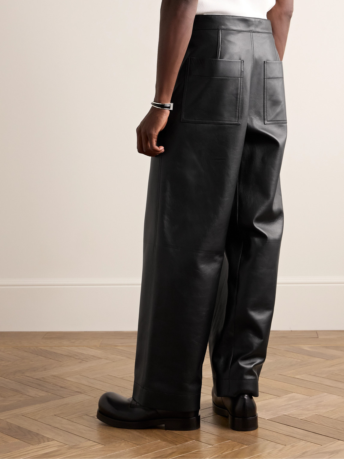 Shop Bottega Veneta Layered Wide-leg Leather Trousers In Black