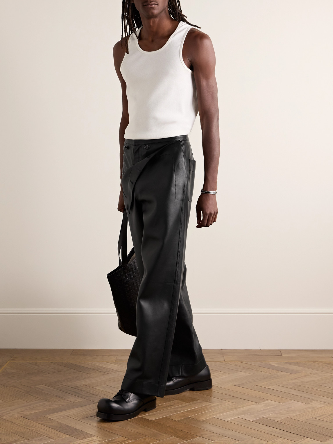 Shop Bottega Veneta Layered Wide-leg Leather Trousers In Black