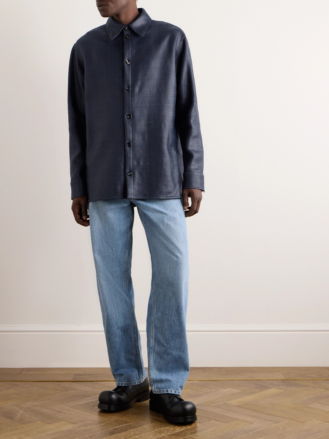 Shop Bottega Veneta Intrecciato Leather Shirt In Blue