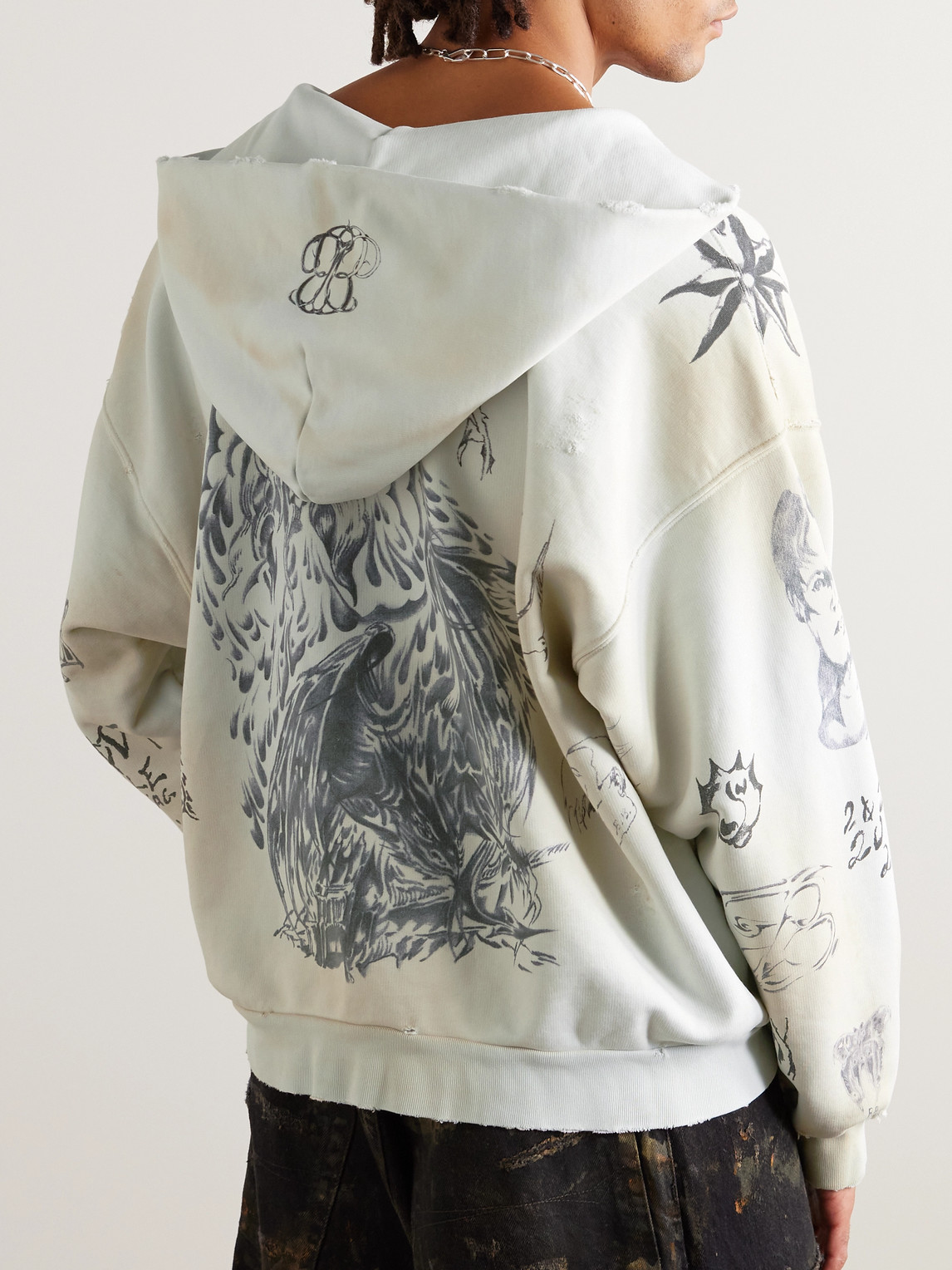 Shop Balenciaga Tat Printed Distressed Cotton-jersey Zip-up Hoodie In White