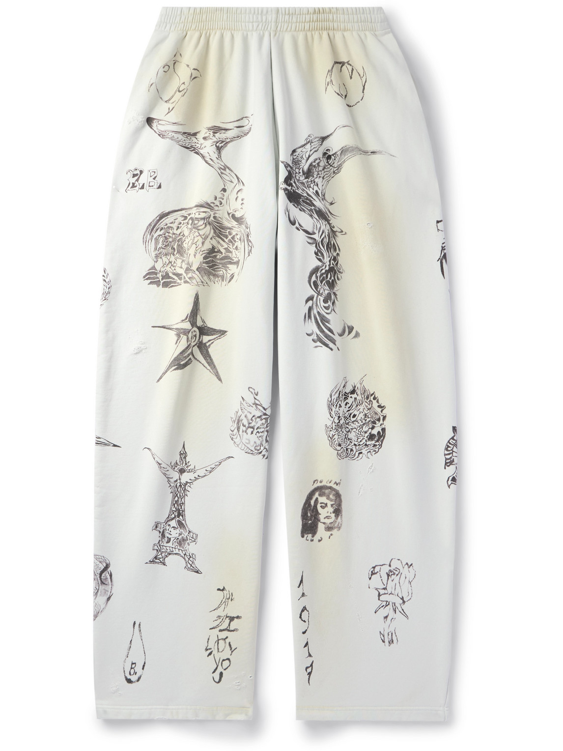 Shop Balenciaga Wide-leg Printed Distressed Cotton-jersey Sweatpants In White