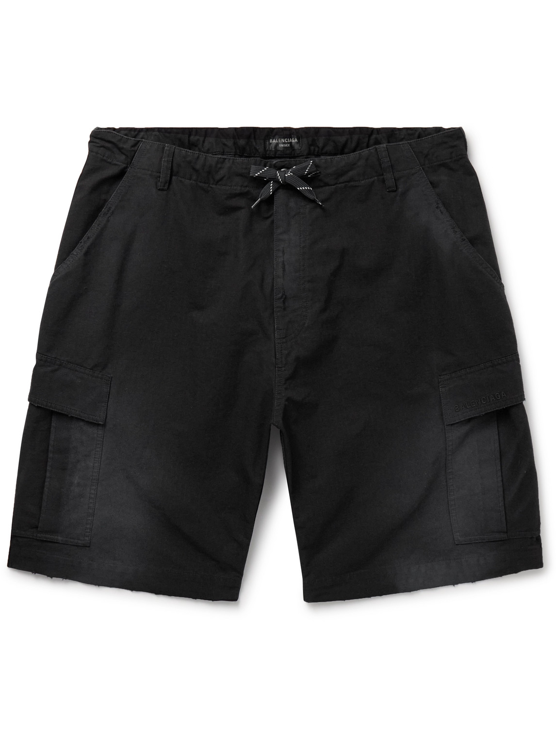 Wide-Leg Distressed Cotton-Ripstop Drawstring Cargo Shorts