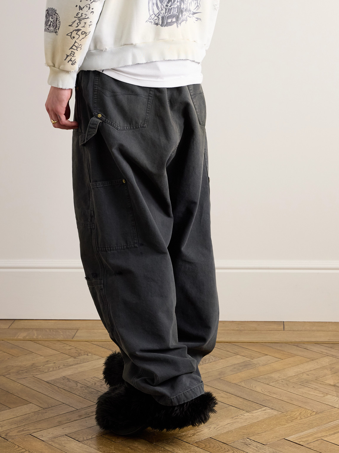 BALENCIAGA DOUBLE KNEE PANELLED DISTRESSED DRAWSTRING JEANS
