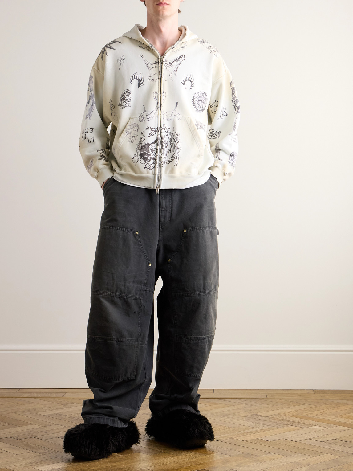 BALENCIAGA DOUBLE KNEE PANELLED DISTRESSED DRAWSTRING JEANS