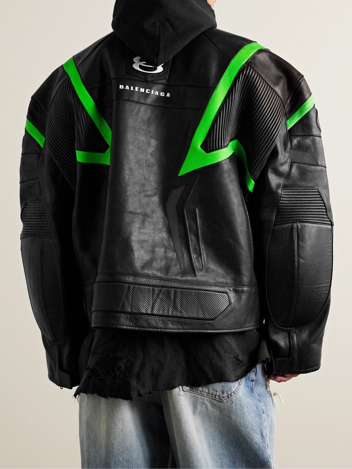 Shop Balenciaga Racer Oversized Distressed Panelled Leather Jacket In Black