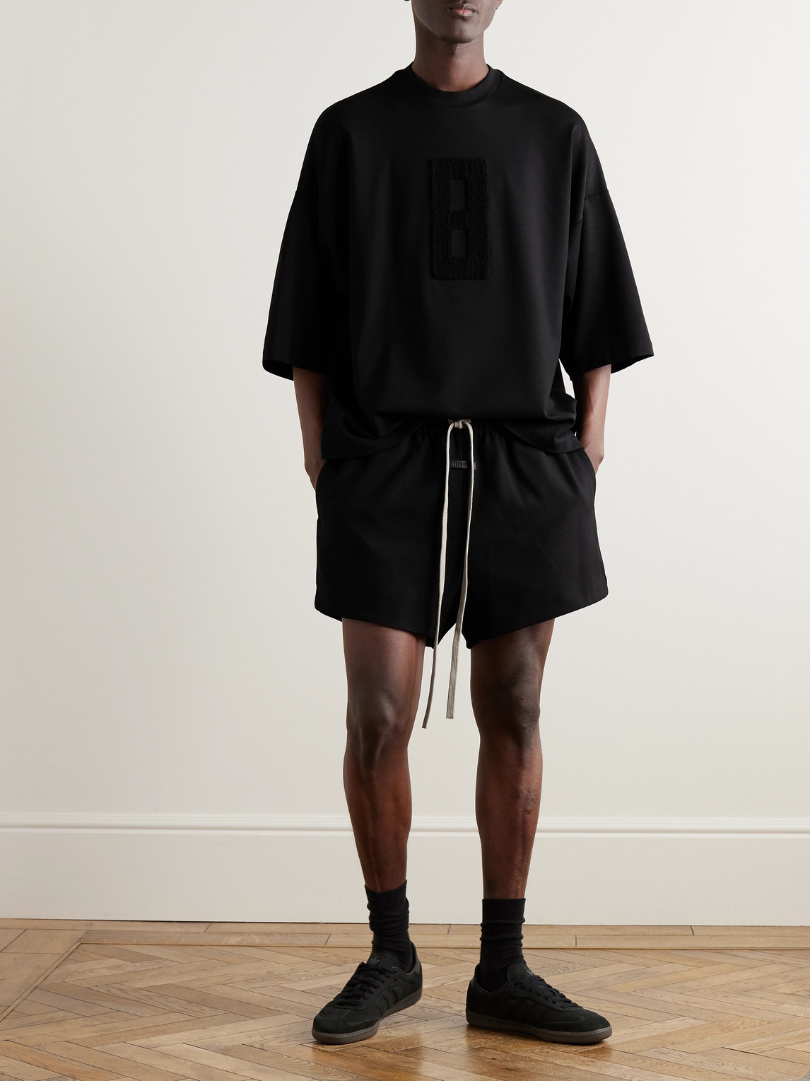 Shop Fear Of God Logo-appliquéd Virgin Wool-gabardine Drawstring Shorts In Black