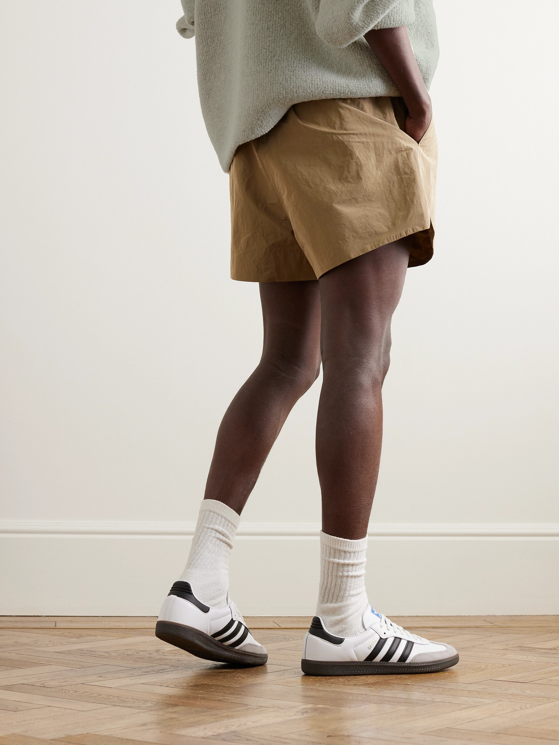 Shop Fear Of God Logo-appliquéd Crinkled-shell Drawstring Shorts In Neutrals