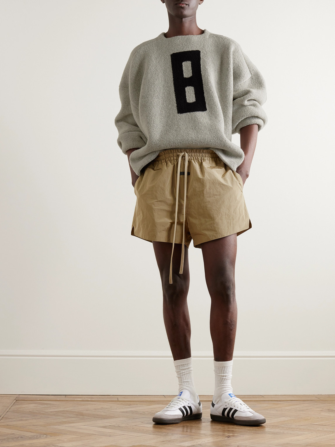 Shop Fear Of God Logo-appliquéd Crinkled-shell Drawstring Shorts In Neutrals