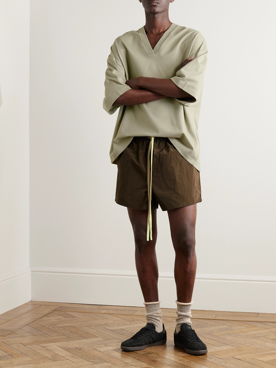 Shop Fear Of God Logo-appliquéd Crinkled-shell Drawstring Shorts In Brown