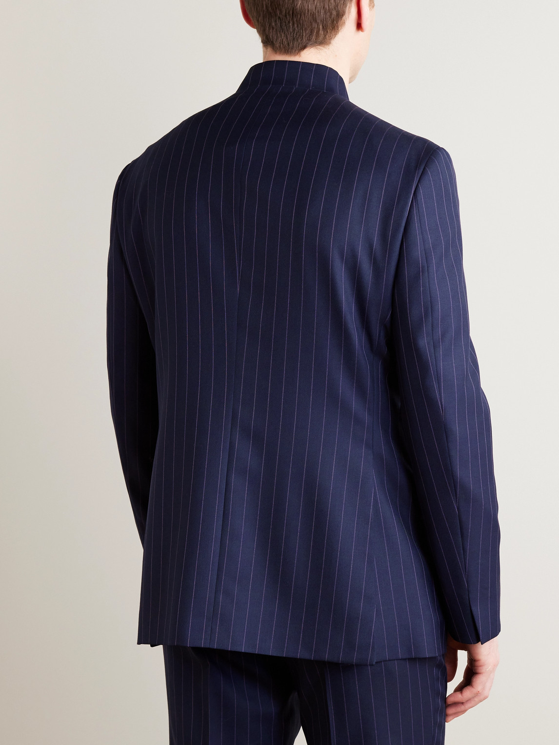 Shop Kingsman Argylle Slim-fit Nehru-collar Pinstriped Wool-blend Suit Jacket In Blue