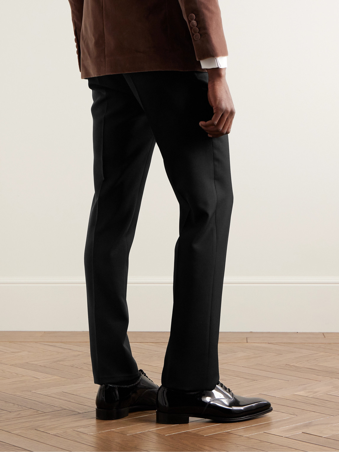 Shop Kingsman Argylle Slim-fit Tapered Wool And Mohair-blend Tuxedo Trousers In Black