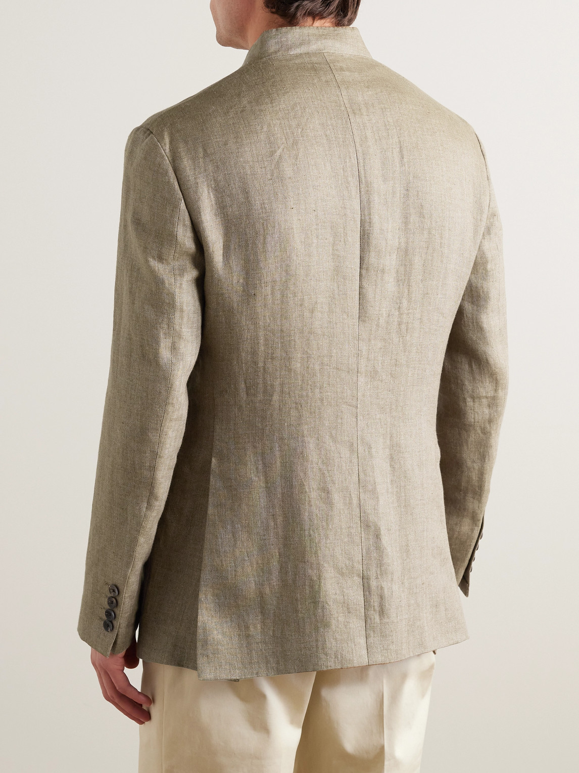 Shop Kingsman Argylle Nehru-collar Herringbone Linen Jacket In Neutrals