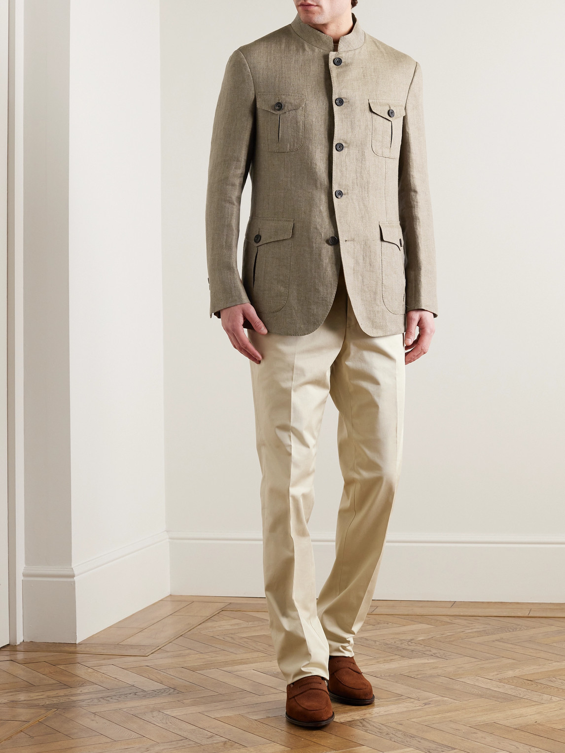 Shop Kingsman Argylle Nehru-collar Herringbone Linen Jacket In Neutrals