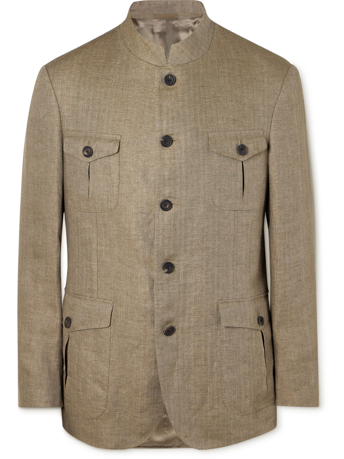 Kingsman Argylle Nehru-collar Herringbone Linen Jacket In Neutrals