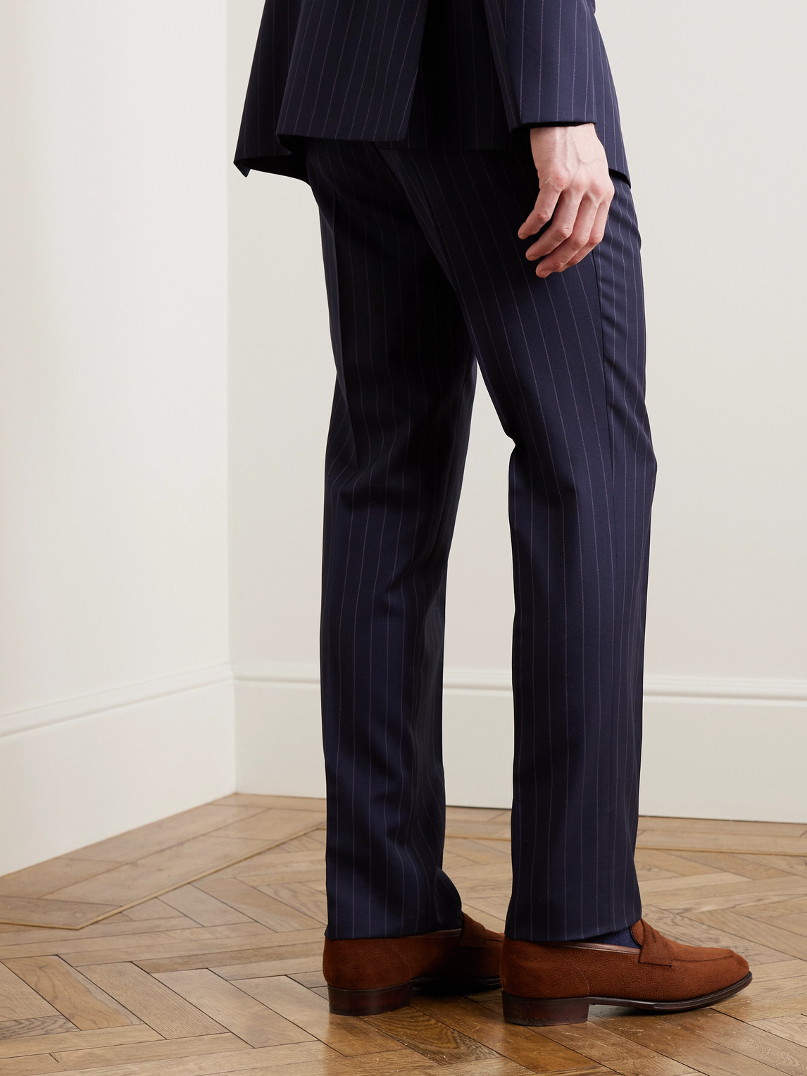 Shop Kingsman Argylle Straight-leg Pinstriped Wool And Cashmere-blend Suit Trousers In Blue