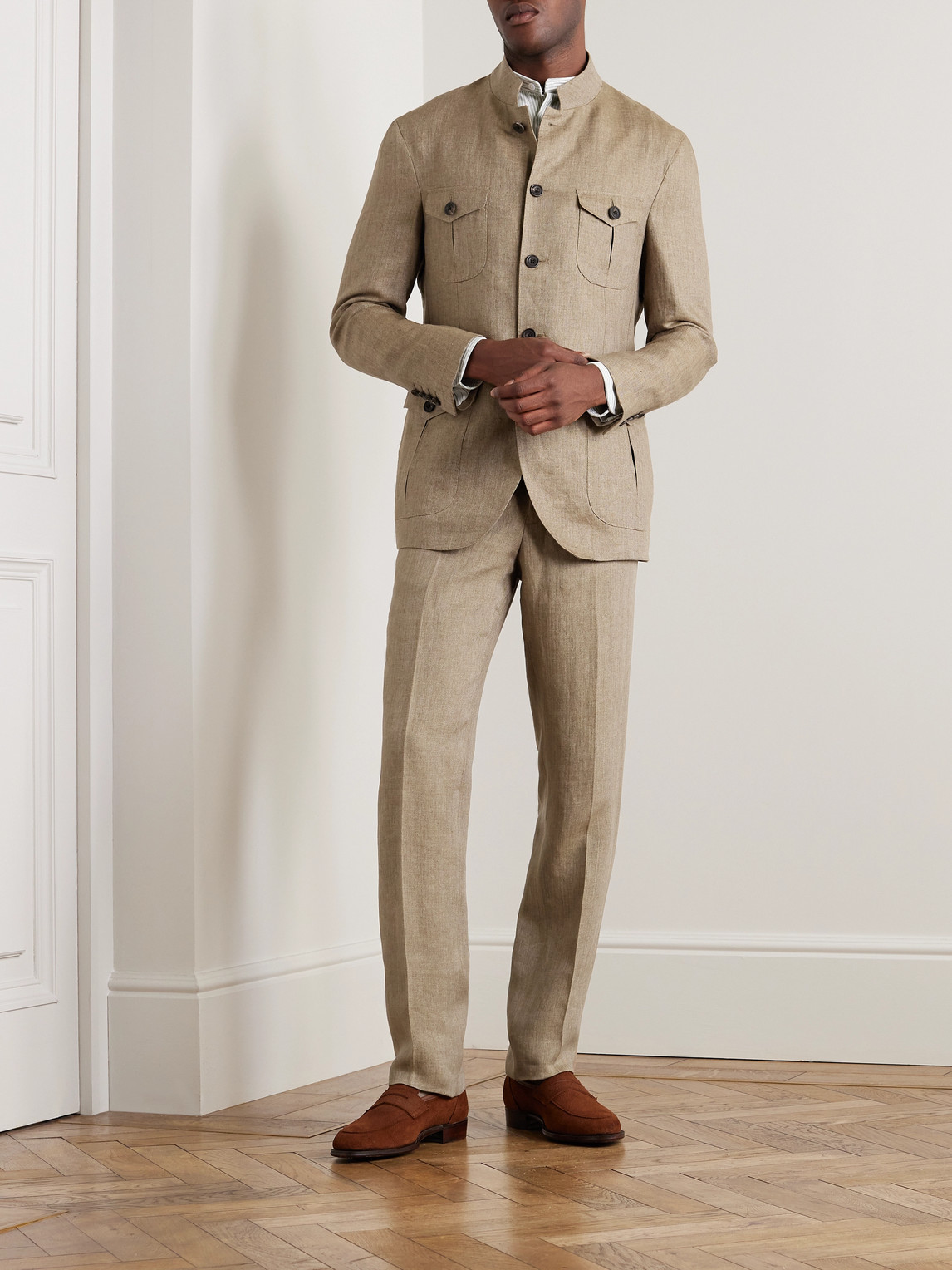 Shop Kingsman Argylle Slim-fit Straight-leg Herringbone Linen Trousers In Neutrals