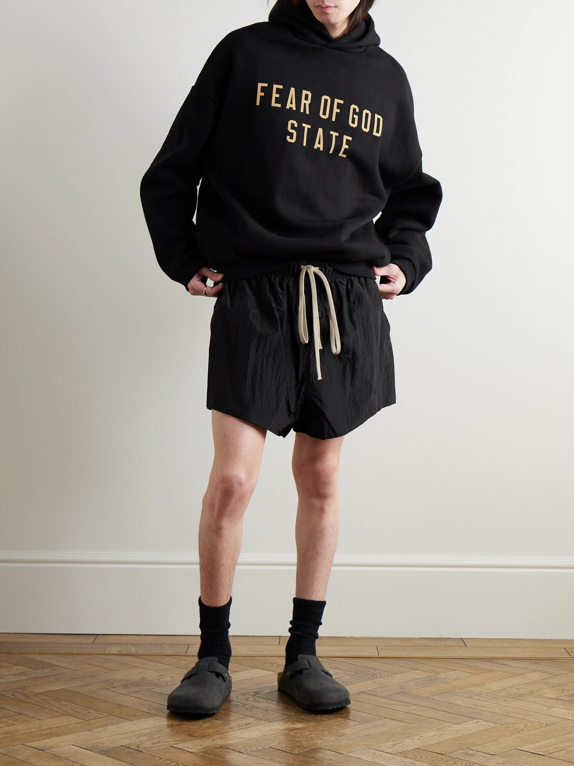 Essentials Wide-leg Logo-appliquéd Crinkled Nylon-ripstop Drawstring Shorts In Black