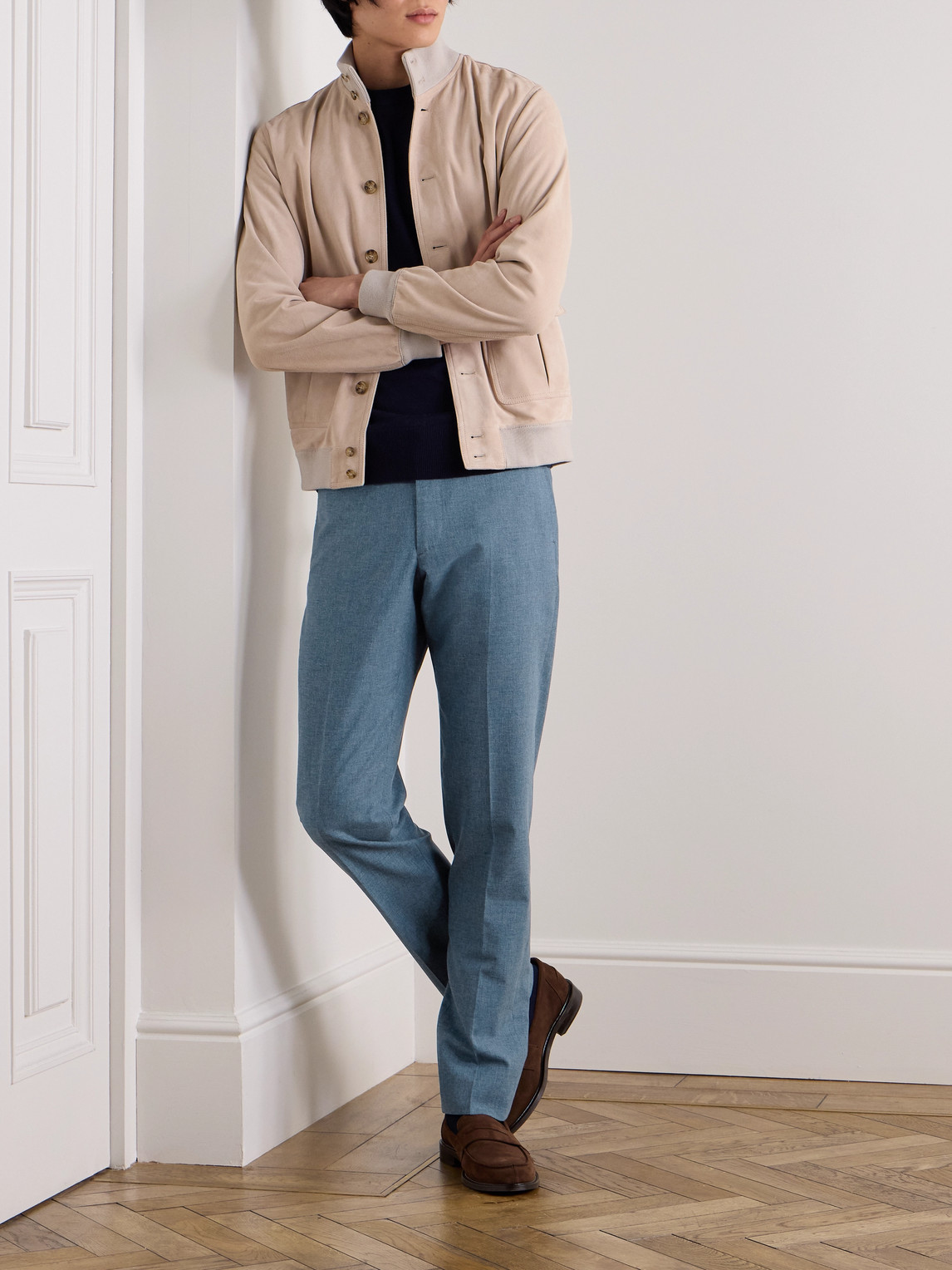 Shop Sid Mashburn Straight-leg Virgin Wool, Cotton And Silk-blend Trousers In Blue