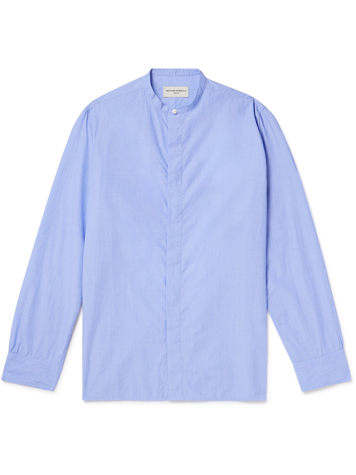 Officine Generale Gaston Grandad-collar End-on-end Cotton Shirt In Blue
