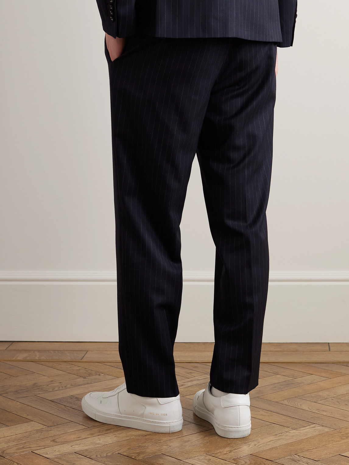 Shop Officine Generale Hoche Straight-leg Belted Pinstriped Wool-twill Suit Trousers In Blue