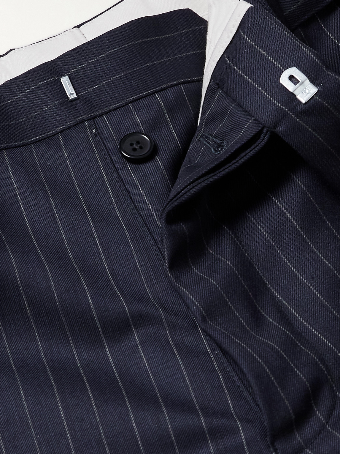 Shop Officine Generale Hoche Straight-leg Belted Pinstriped Wool-twill Suit Trousers In Blue