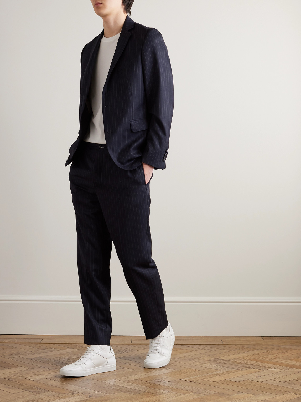 Shop Officine Generale Hoche Straight-leg Belted Pinstriped Wool-twill Suit Trousers In Blue