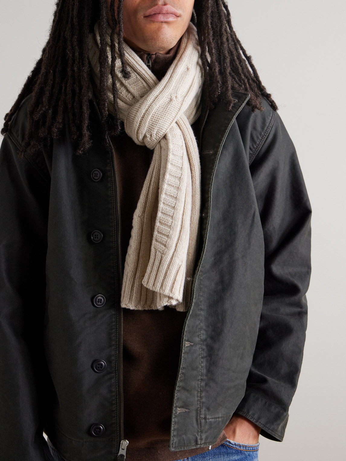 John Smedley Wooton Cable-knit Recycled-cashmere And Merino Wool-blend Scarf In Neutral